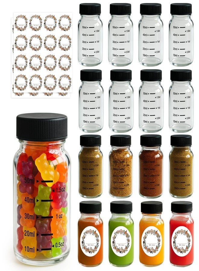 WERTIOO 16 Pack 2oz Glass Shot Bottles with Black Caps – Leakproof Wellness Shot Glass Bottles with ml & oz Scale – Mini Glass Jars with Lids for Juicing, Ginger Shots, Home & Party Favors - Image 1